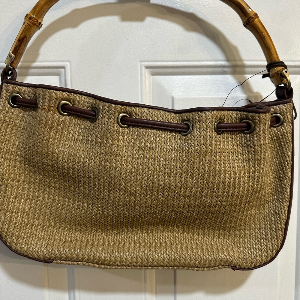 Etienne Aigner Tan Woven Shoulder Bag with Bamboo Handle - Picture 3 of 7
